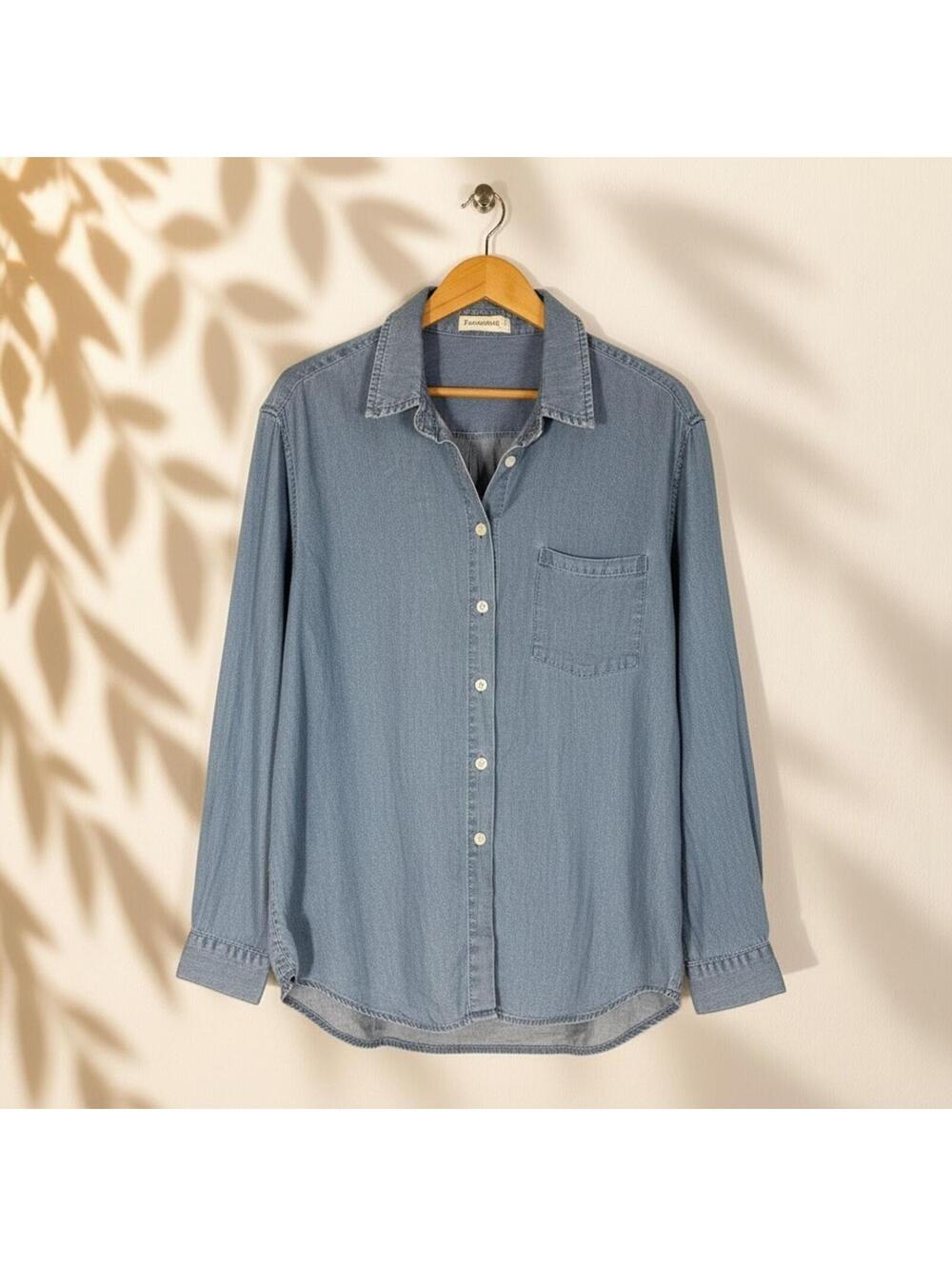 Fantaslook Shirt Women L Large Blue Button Up Collared Long Sleeve Pockets